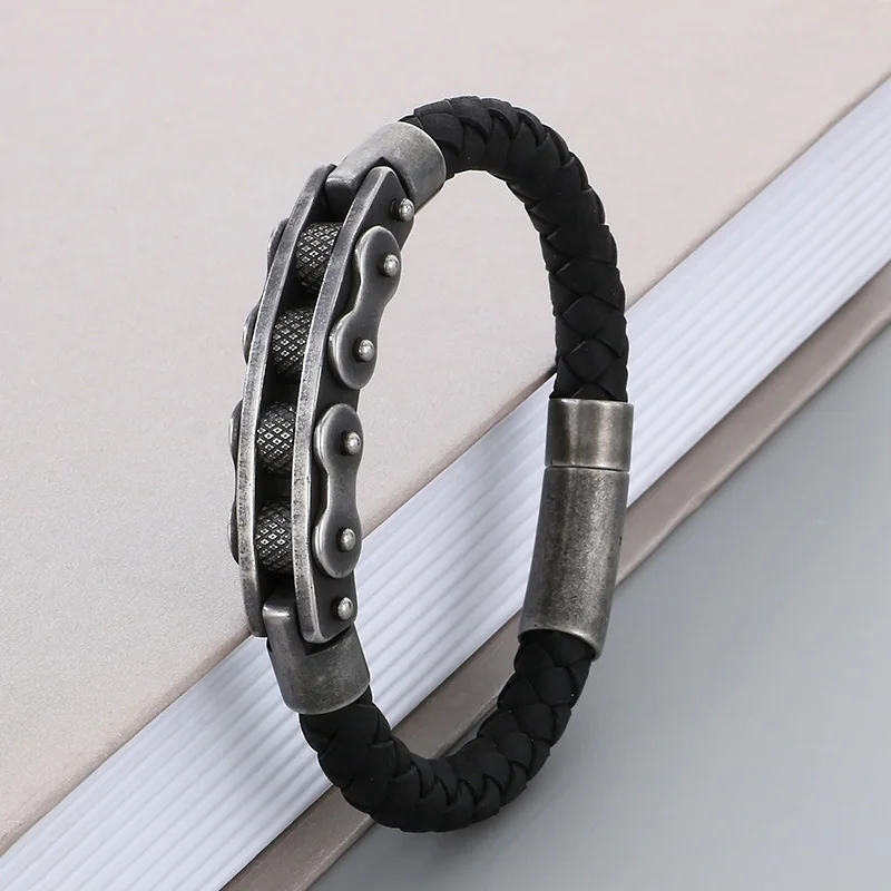 Hip Hop Stainless Steel Leather Bracelet for Men Vintage Bicycle Wheel Charm Cuff Bangle Gift Trend Motorcycle Party Jewelry