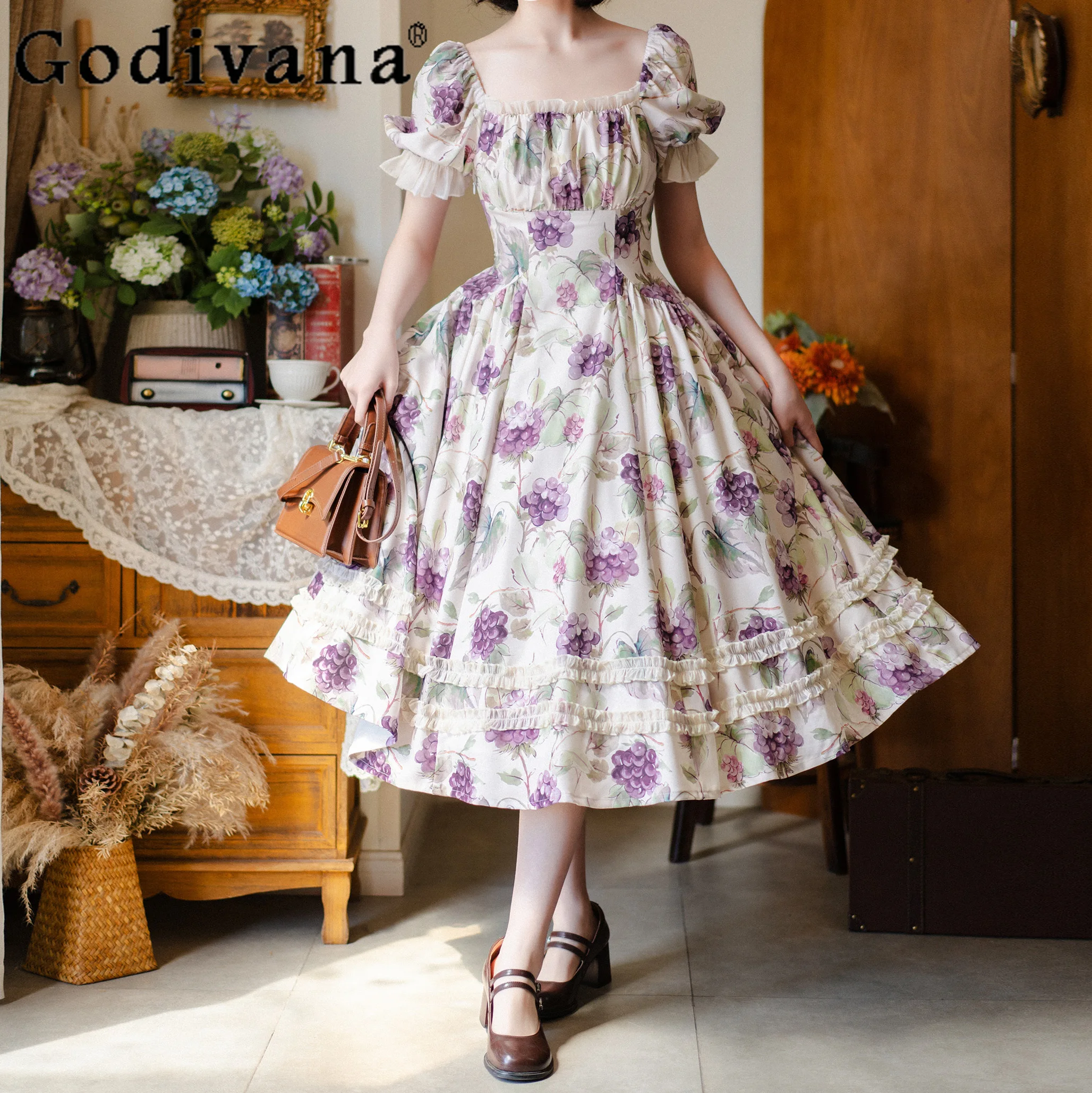 

Original British Retro Short Sleeve Dress Summer Women's High Waist Slim Grape Print CLA Lolita Dress Princess Tea Party Dress