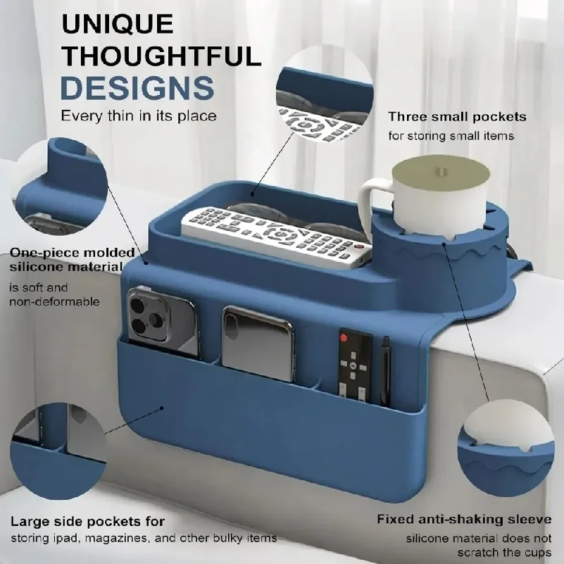Silicone Coaster Sofa Cup Holder Tray Sofa Armrest Storage Box with Accessories Side Pocket for Remote Control and Beverage