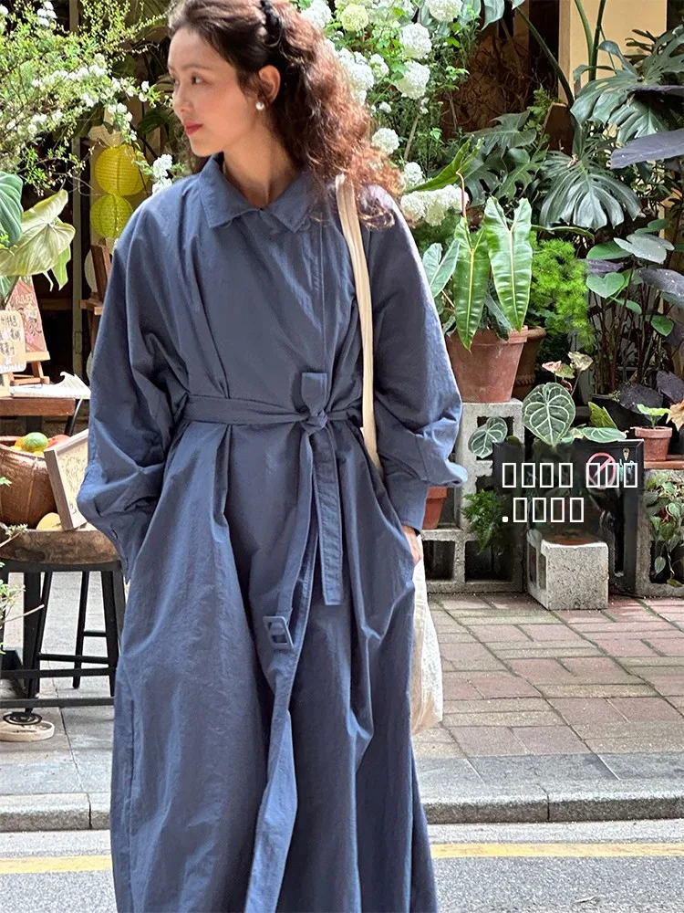 

Винтажное свободное пальто оверсайз July Eiseal Mist Blue с длинными рукавами, воротником, средней длины, на одной пуговице, однотонное, из чистого хлопка