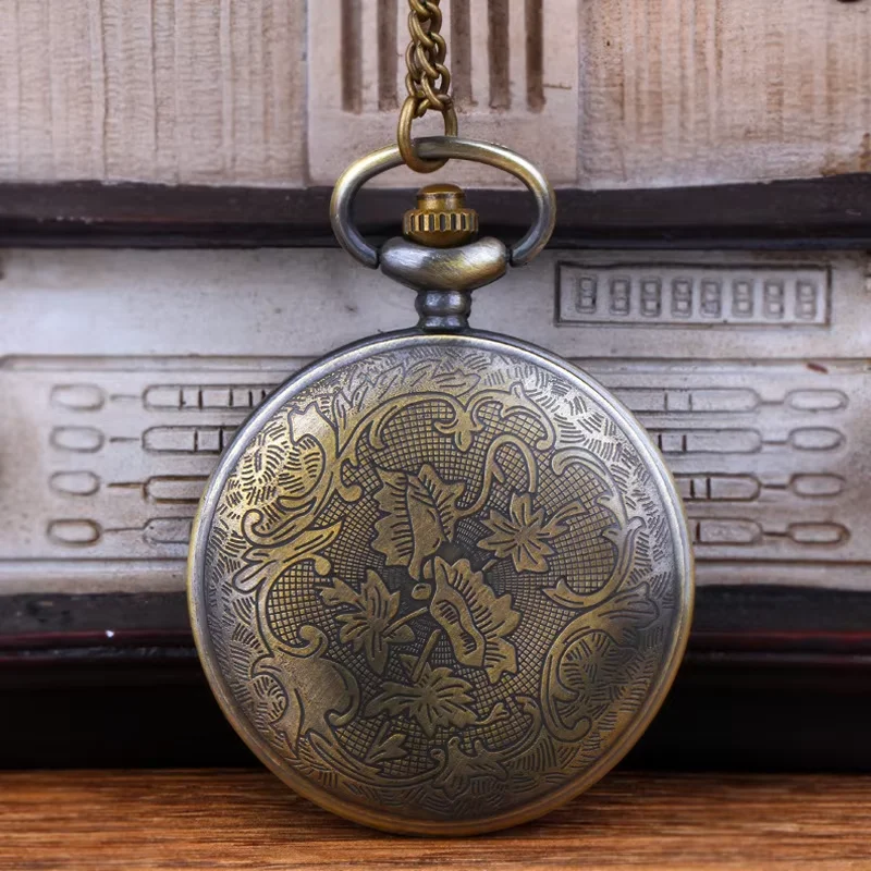 Vintage large bronze fine chain beautifully carved pattern quartz pocket watch