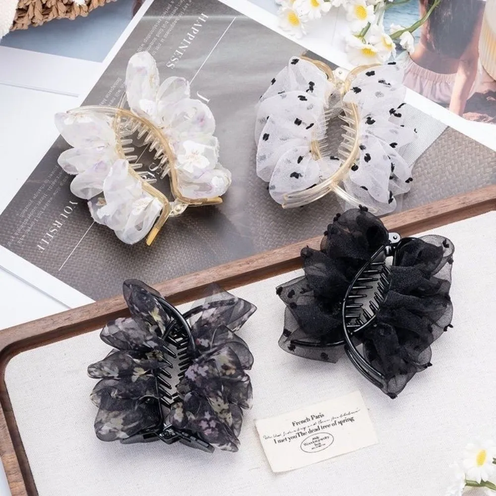 

Elegant Seersucker Broken Flowers Hair Clip Polka Dot Crumpled Hairpin Multi-purpose Shark Clip Hair Style