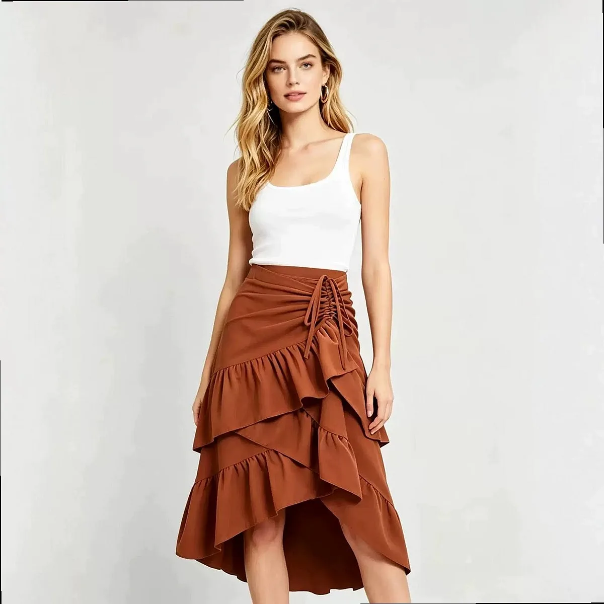 High Waist Drawstring Design Layered Ruffle Hem Midi Skirt for Women, Irregular Hem Skirts with Pleated Details