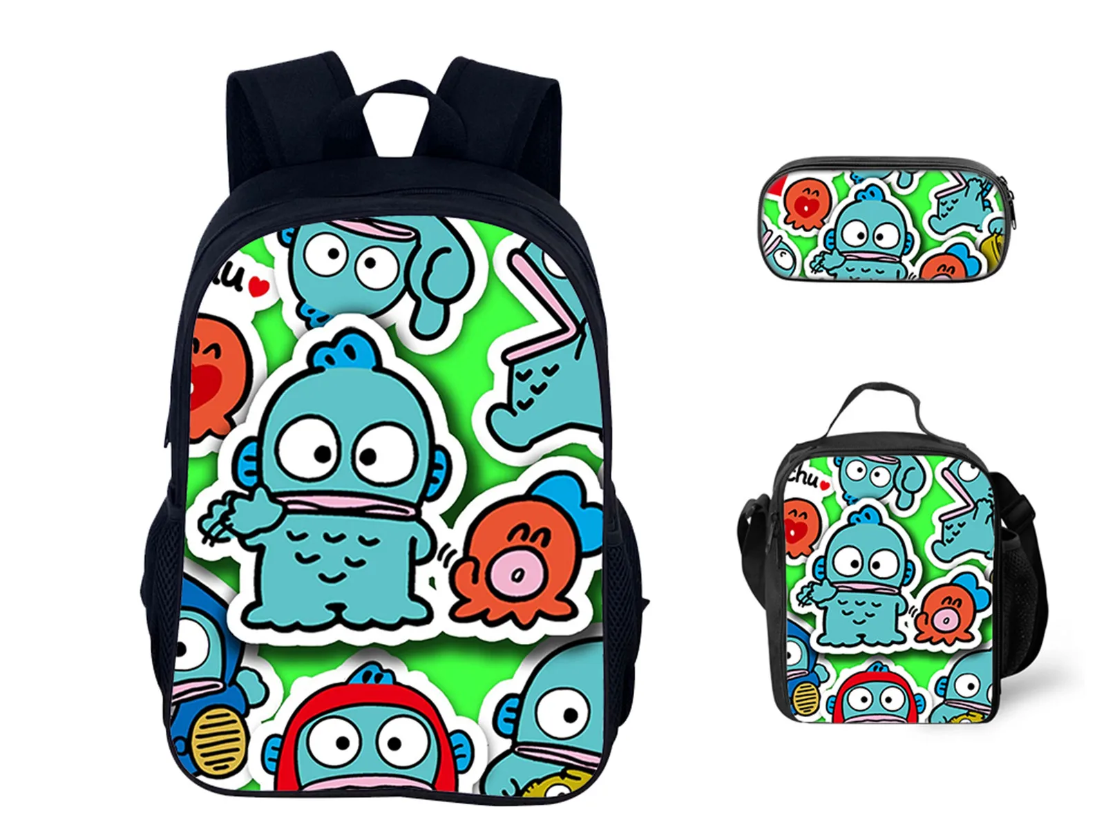 NEW Cartoon Hangyodon Fashion Backpack+Pencil Case+Lunch Box 3Pcs Set-Children Cute Book Bag for School Travel
