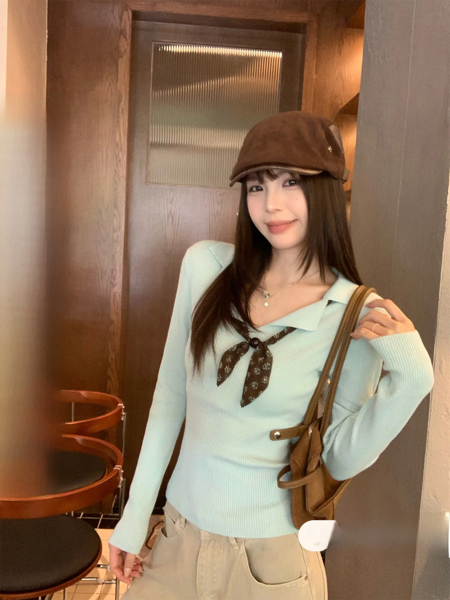 Song Zhengen Green  Neck Long Sleeve Knitted Sweater Women's Style Autumn Korean College Style Slim Fit Inner Wear Base Top