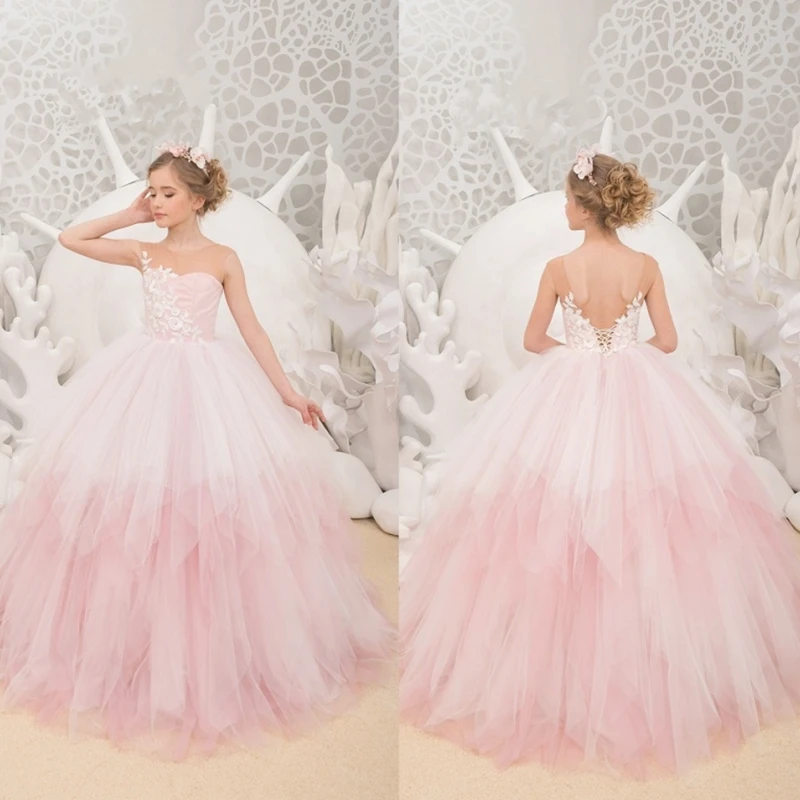 

Pink Elegant Layered Flower Girl Dress Tulle Puffy Sleeveless Applique Floor Length Birthday Party Pageant First Communion Wear