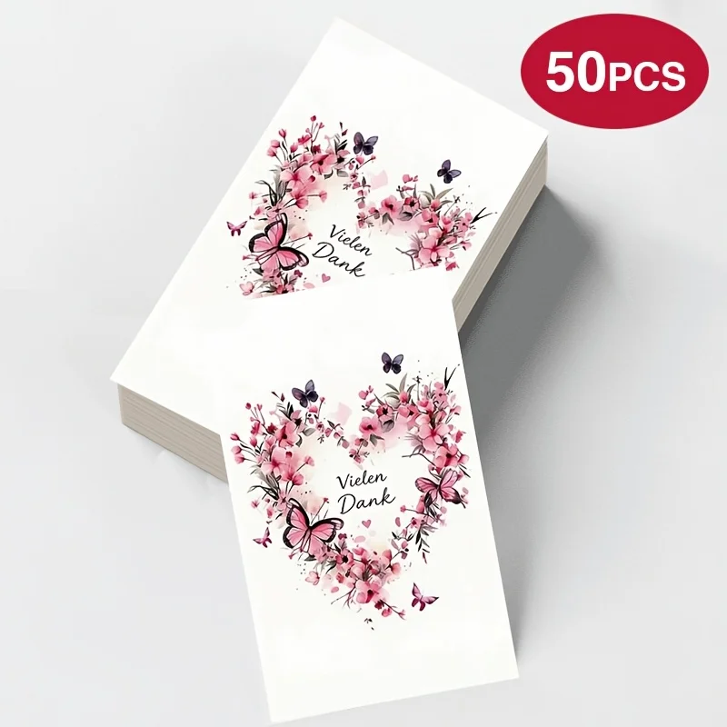 50pcs Thank You Romantic German Card, Pink Love Butterfly Flower Design, Suitable for Business Gift Cards