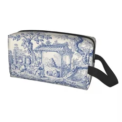 Vintage Classic French Toile De Jouy Navy Blue Motif Pattern Makeup Bag Travel Cosmetic Organizer Kawaii Storage Toiletry Bags