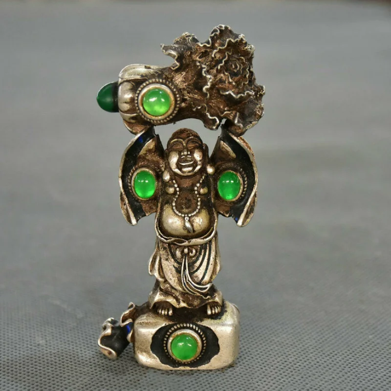 

4" Old Chinese Silver Inlay Jade Fengshui Happy Laugh Maitreya Buddha Statue