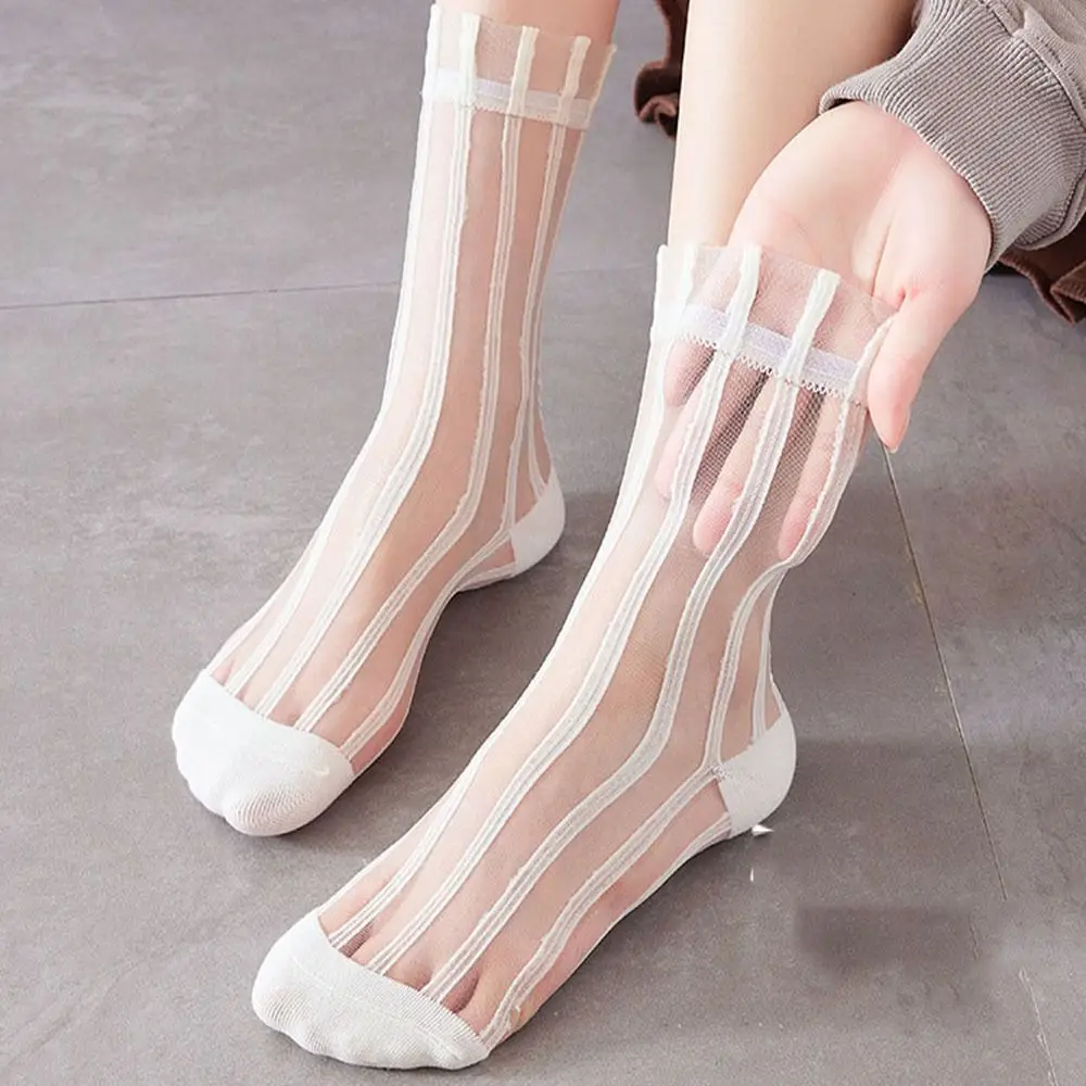 Cute Ultra-thin For Women Summer Transparent Japanese style Middle Tube Socks Female Hosiery Glass Silk Socks Striped Socks