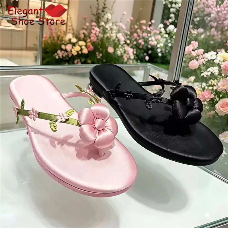 

Pink Satin Flower Vine Women's Slippers Black Clip Toe Round Toe Flip Flops Summer New Fairy Party Beach Casual Flat Shoes