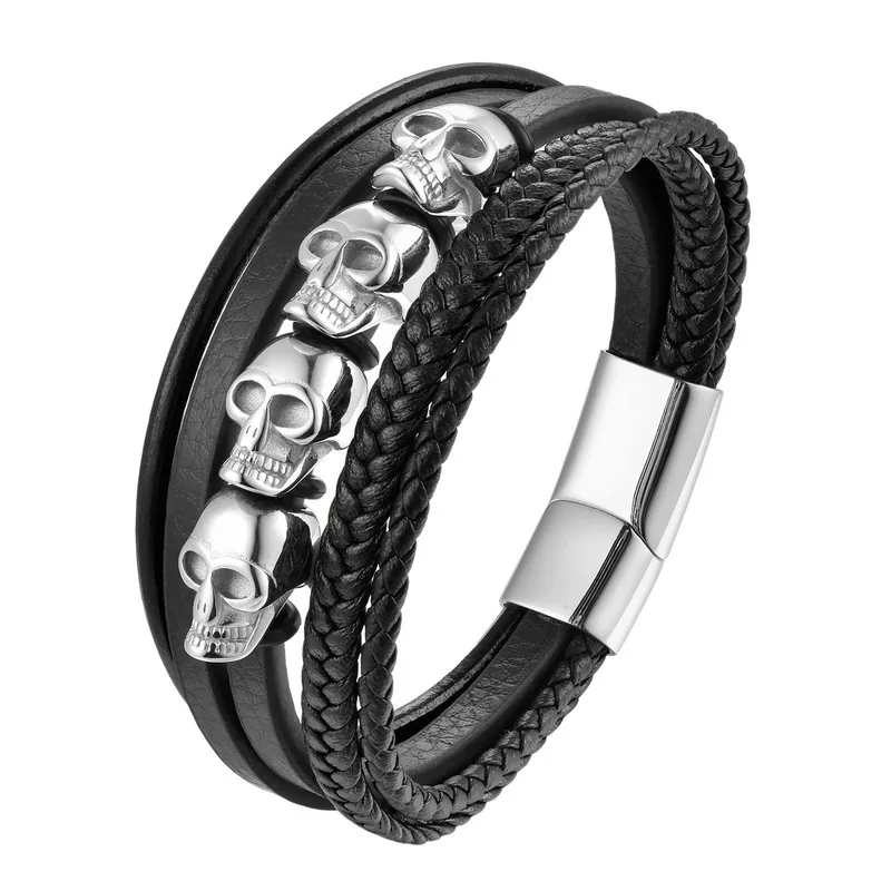 Men's Multi Layer Braided Leather Bracelet Stainless Steel Skull Charm Bangle Cowhide Genuine Leather Wristband