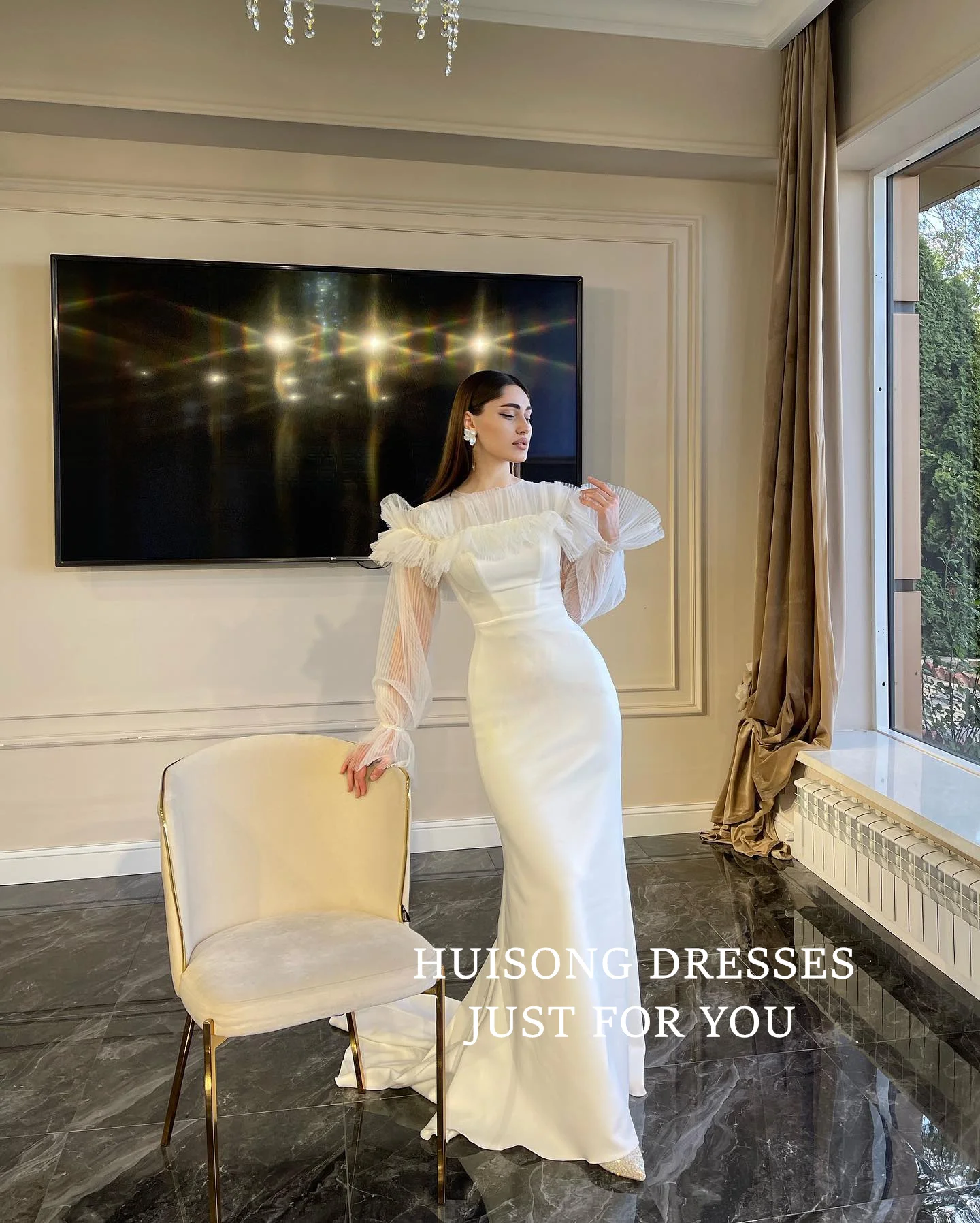 

HUISONG Customized Satin Mermaid Wedding Dresses Long Sleeves Muslim Bride Dress Modest Long Wedding Gown