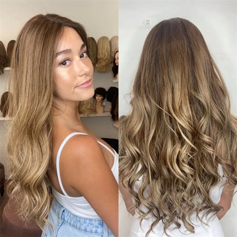 

Парик для вечеринок на каждый день Ombre Медово-коричневый HD Синтетический парик фронта шнурка для женщин 28-дюймовый парик с естественной волной Термостойкое волокно Парик из волос