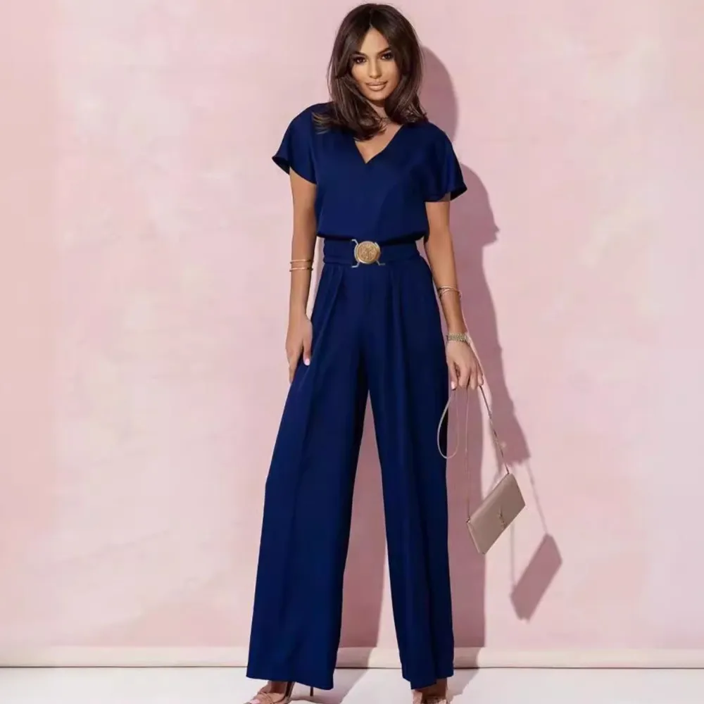 Spring And Summer New Solid Color Waist Women\'S Short Sleeve Jumpsuit Fashion V Neck Slim Elegant Female Office Rompers 2024