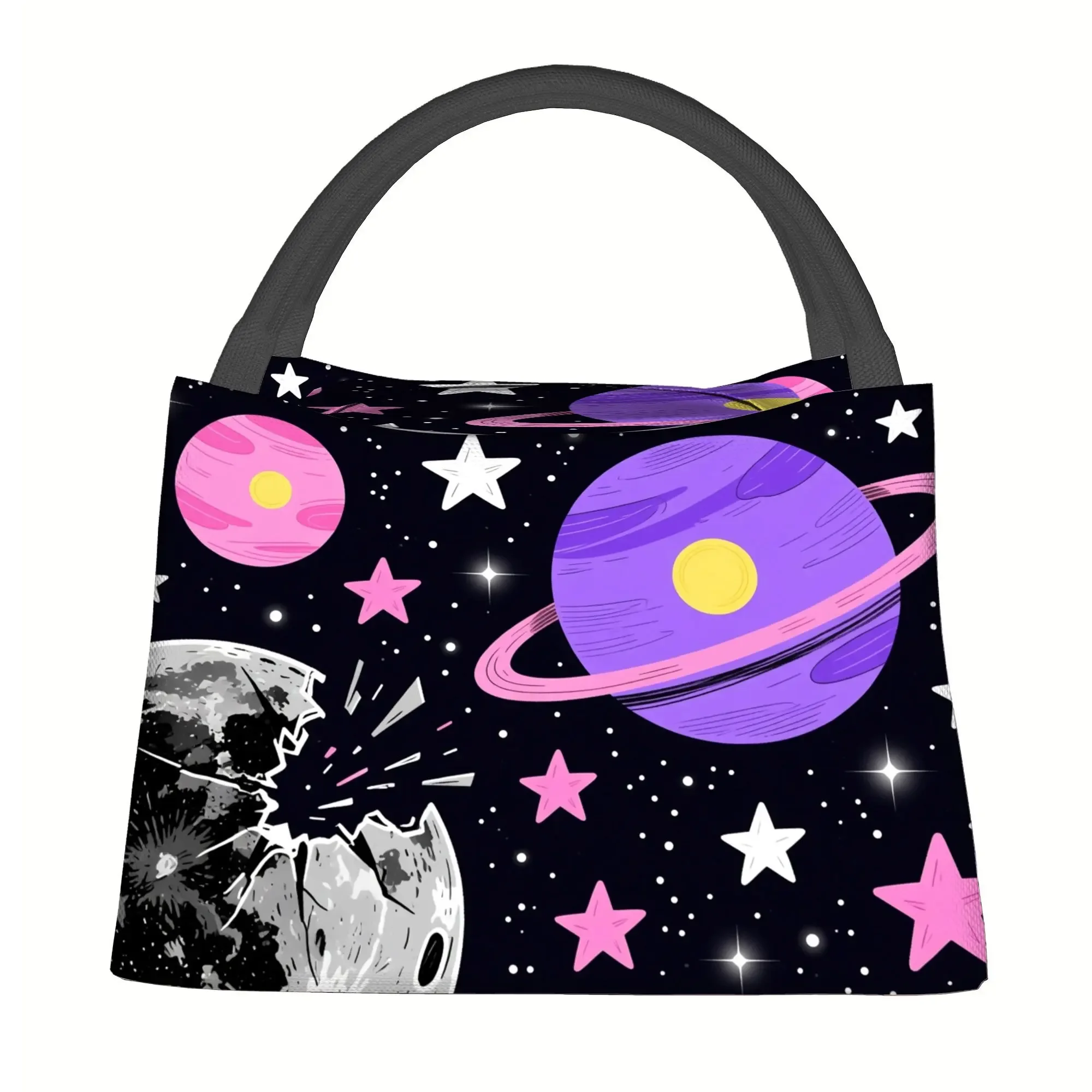 Space Planets Stars Print Insulated Lunch Bag Durable Polyester Oxford Thermal Tote