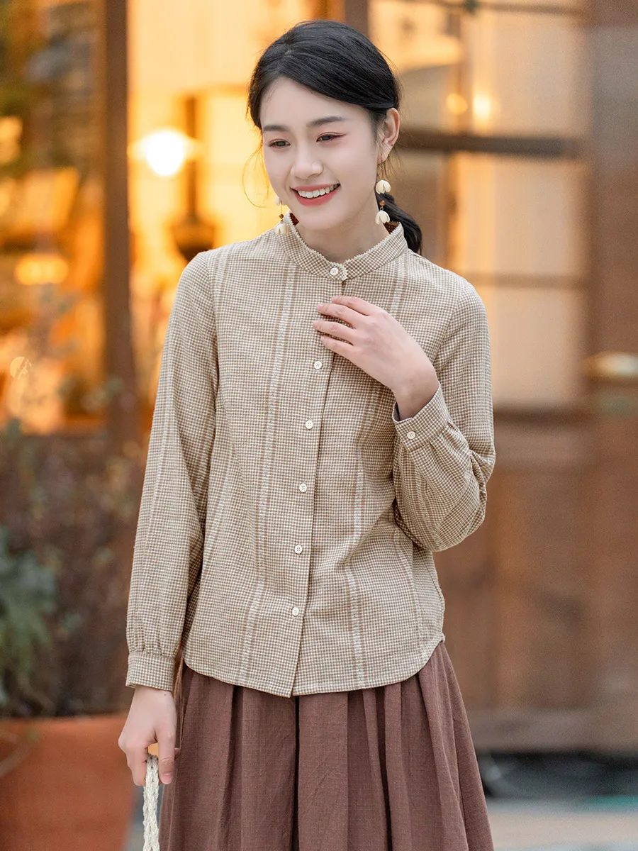 

Новая осенняя женская универсальная блузка из хлопка и льна в клетку цвета хаки с воротником-стойкой в китайском стиле для повседневной носки...
