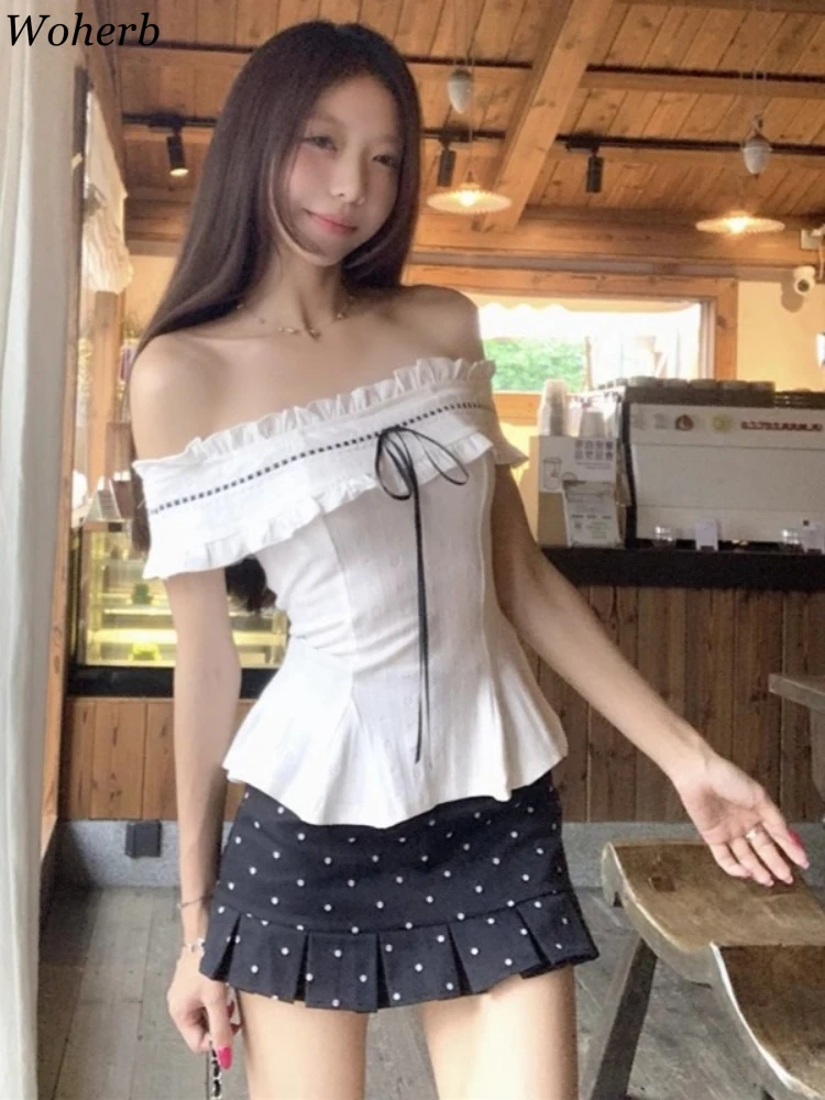 

Summer Slash Neck Ruffled Woman Tshirts Women's Clothing Bodycon All Match Tunic Pleated Tees Korean Chic Bandage White T-shirt