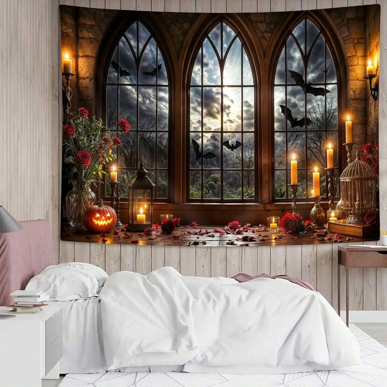 INGIFTA Halloween Decor- Halloween Gothic Window Tapestry, Spooky Bat Jack-O-Lantern Wall Hanging, Vintage Medieval Castle Window Backdrop With Candles And Roses, Dark Academia Aesthetic Tapestry Halloween Decor Room Decor, Wall Decor. Halloween Gifts view 5