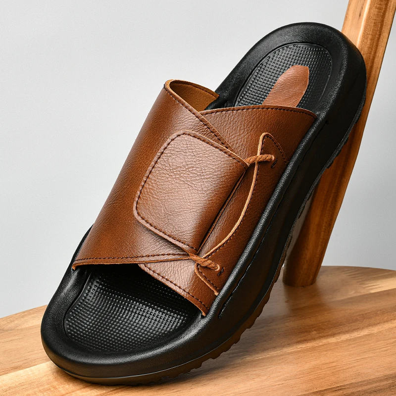 

Новые летние мужские шлепанцы больших размеров с одной липучкой, из натуральной кожи, для улицы, нескользящие, повседневные пляжные сандалии