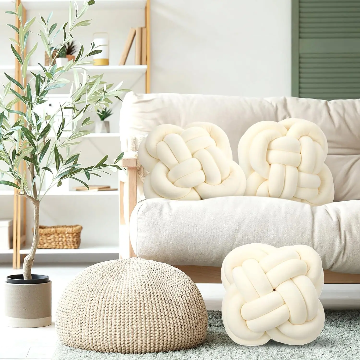 Handmade Gift Cream Knot Pillow Balls Large Square Knotted Floor Cushion for Living Room Bedroom Sofa Couch Bed Home Decoration