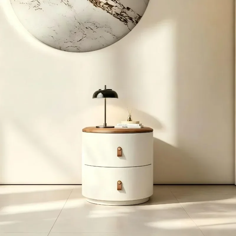 Italian Minimalist Round Nightstand Leather Wrapped Body Curved Anti-Collision Edge Bedroom Sofa Side Accent Storage Cabinet