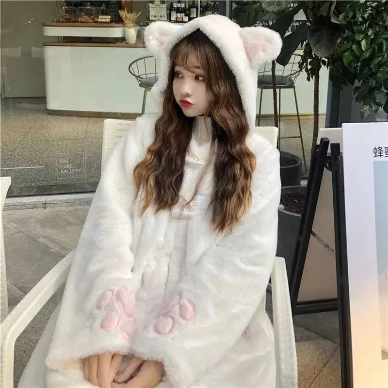 Winter jacke Frauen Lolita Fleece gefüttert verdickt Mädchen weichen Stoff Kawaii Katze Ohr Hut Klaue niedlichen Plüsch weißen Mantel jugendlichen