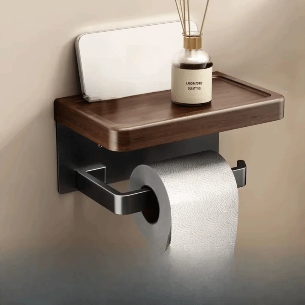 Wood Material Wall-Mounted Toilet Paper Holder with Storage Tray Waterproof Bathroom Tissue Roll Rack Space Saving Rust-proof view 3