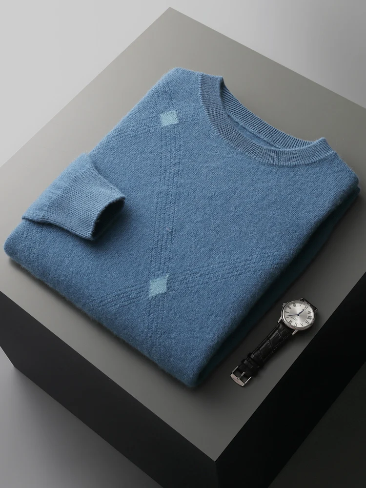 CHICUU Luxury Autumn Winter Men Cashmere Sweater O-neck Smart Casual Pullover 100% Cashmere Knitwear Soft Warm Rhombus Design