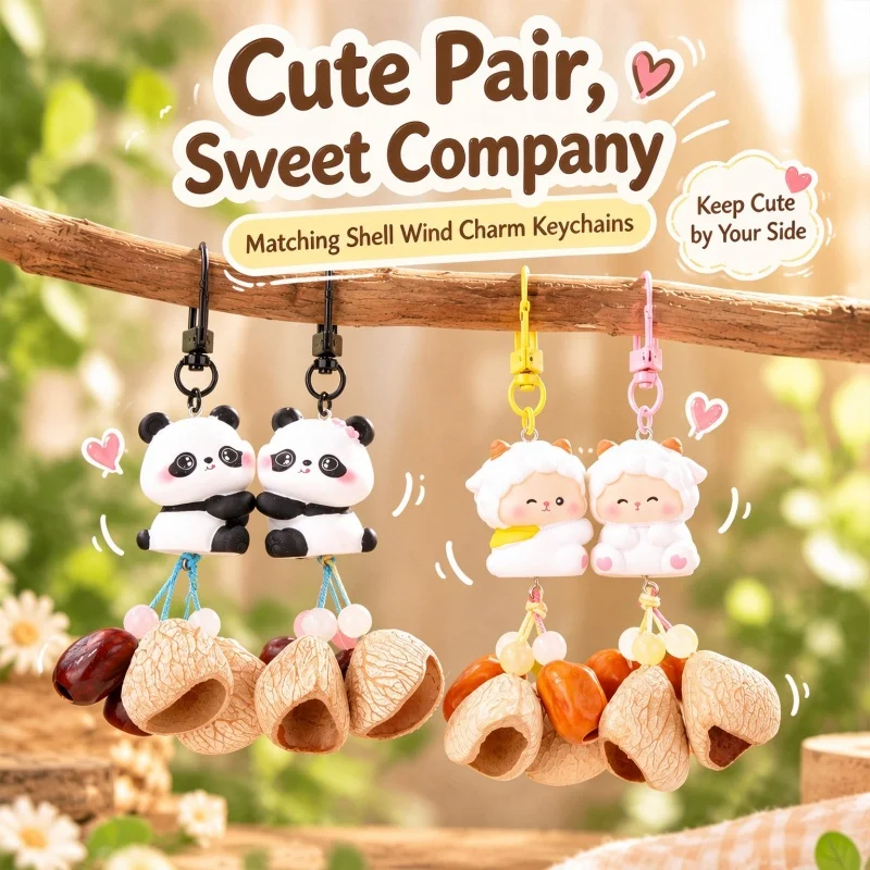 Creative Magnetic Pairing Wind Chime Pendant Cute Sheep Panda Nut Shell Rattle Charm Adorable Bag Hanging Ornament Unique Gift
