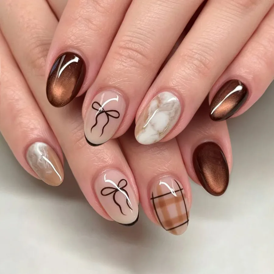 24Pcs Coffee Brown Cat Eye Press On Nails Drawn Bow Plaid Marble Texture Fake Nail Short Oval False Nail For Women&Girl