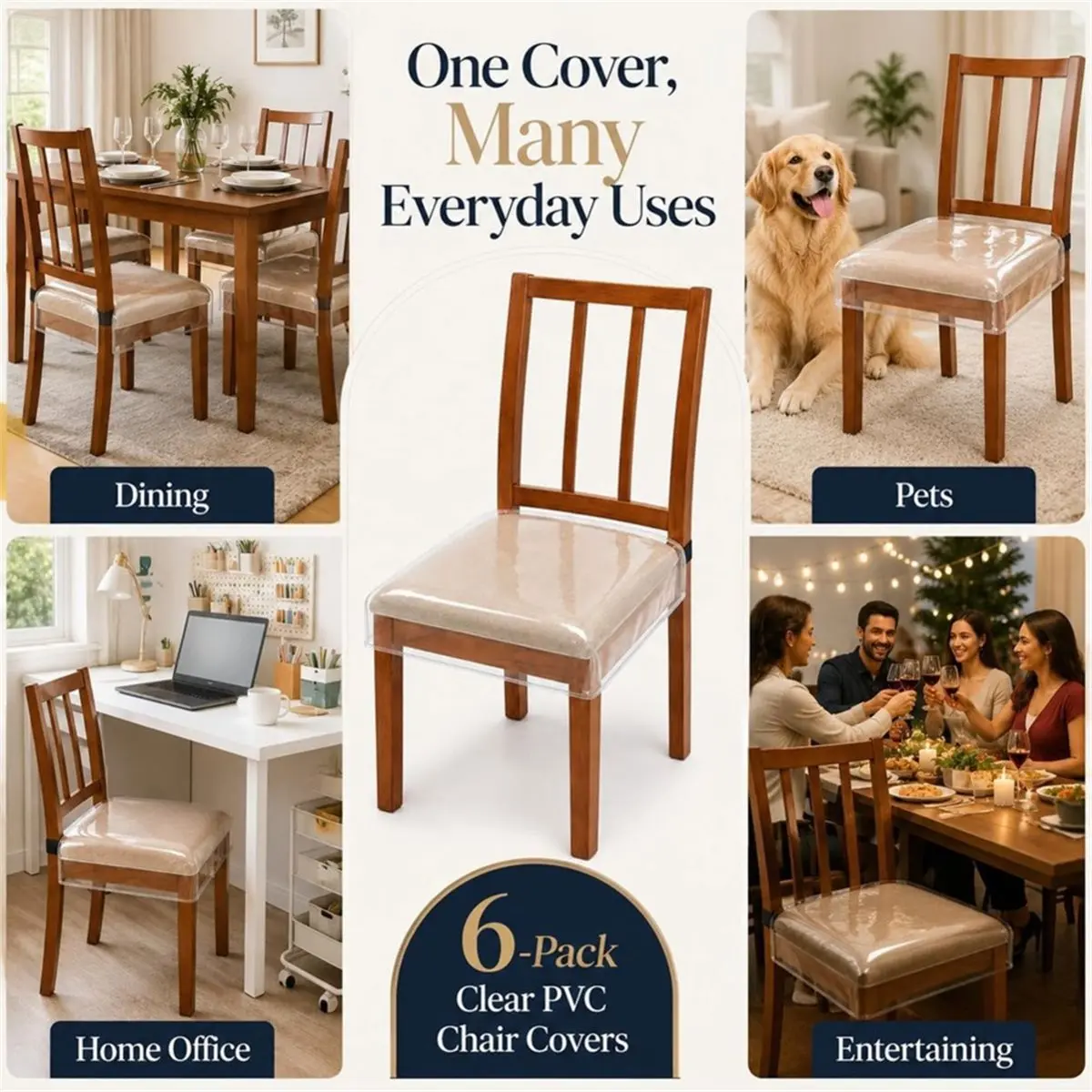 giftnew 6 Pcs Plastic Chair Covers, Plastic Seat Covers for Dining Chairs, Seat Protectors, Waterproof, Clear Cushion Protector
