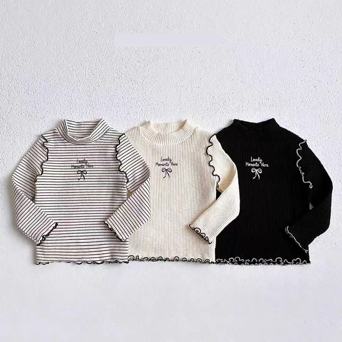 2026 Spring New Children Long Sleeve T Shirts Girls Ribbed Bottoming Shirts Cute Bow Letter Print Kids Clothes Baby Cotton Tops