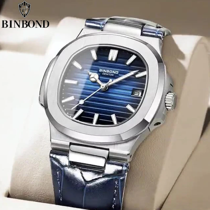 BINBOND New Authentic Youth Men's Quartz Watchwith Fashion Leather Strap Waterproof Luminous Calendar Luxury Business Men Watch