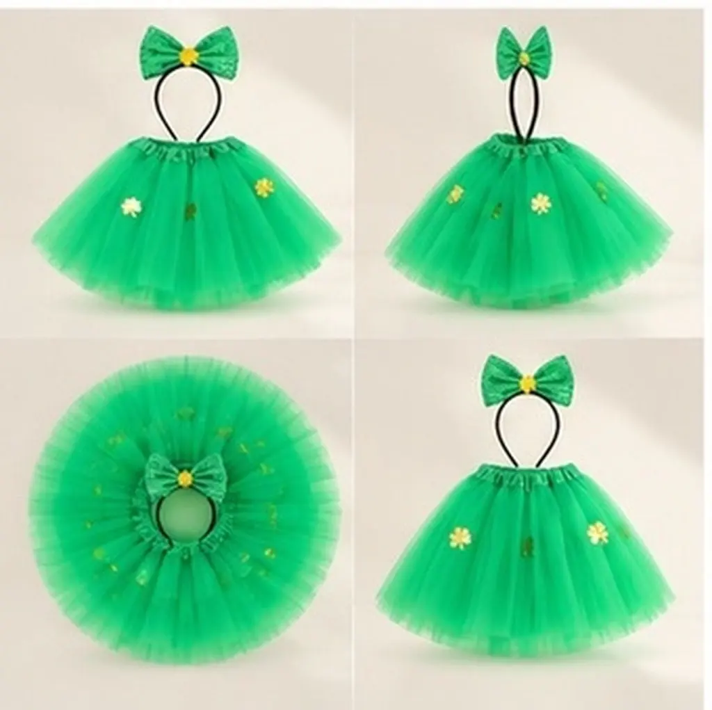 3 Layer Tulle Clover Tutu Skirt for Girls Green St Patricks Day Costume Ballet Dance Party Running Marathon School Event Size M