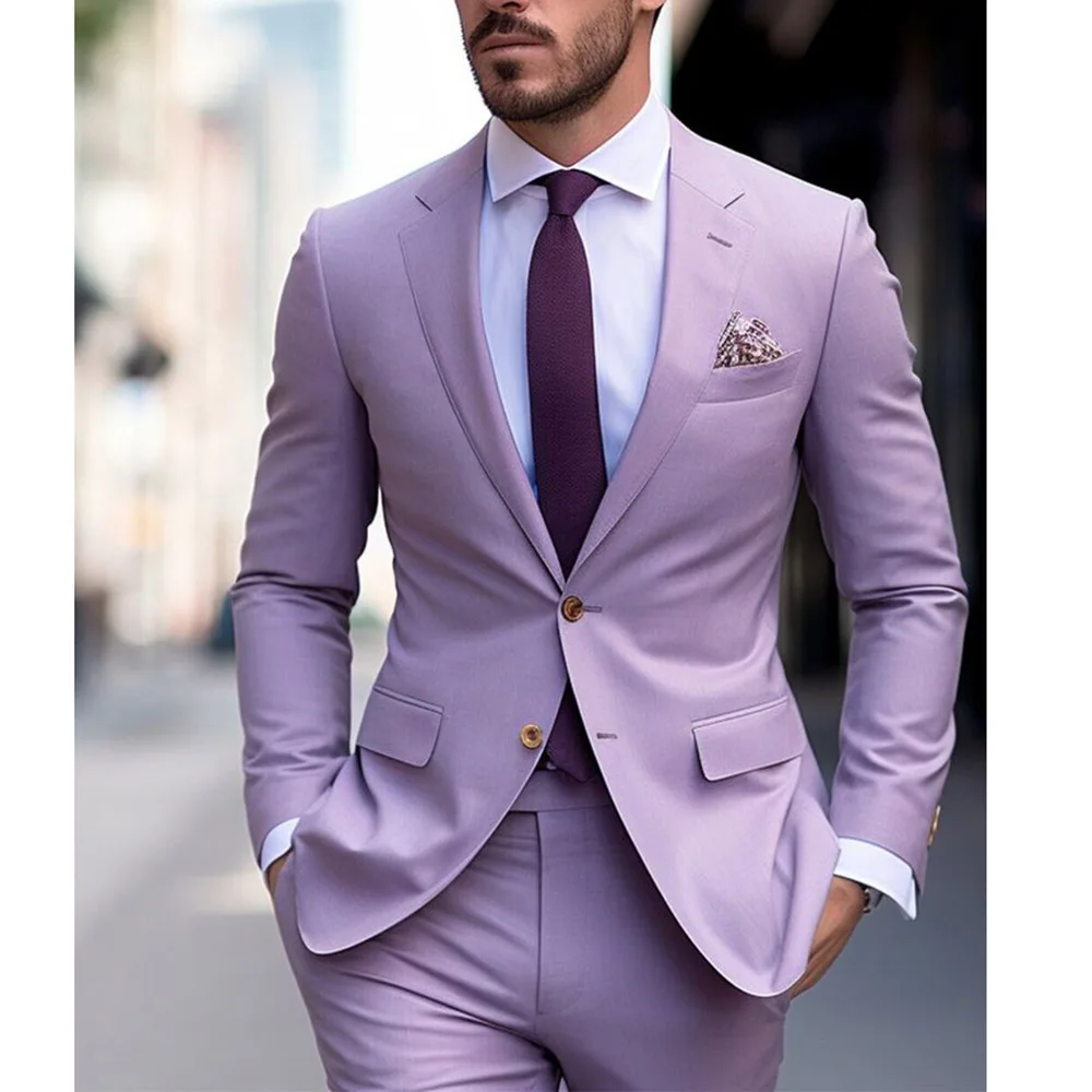 Gentlemen Purple Single Breasted Men\'s Suits Notch Lapel Slim Fit 2 Piece Jacket Pants Outfits Luxury Wedding Male Clothing 2024