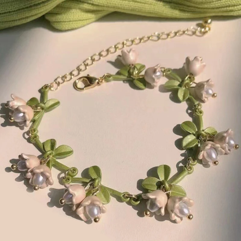 Vintage French Design Mori Lily Of The Valley Pearl Bracelet Handmade Jewelry Fashion Forest Series Bracelet For Women Jewelry