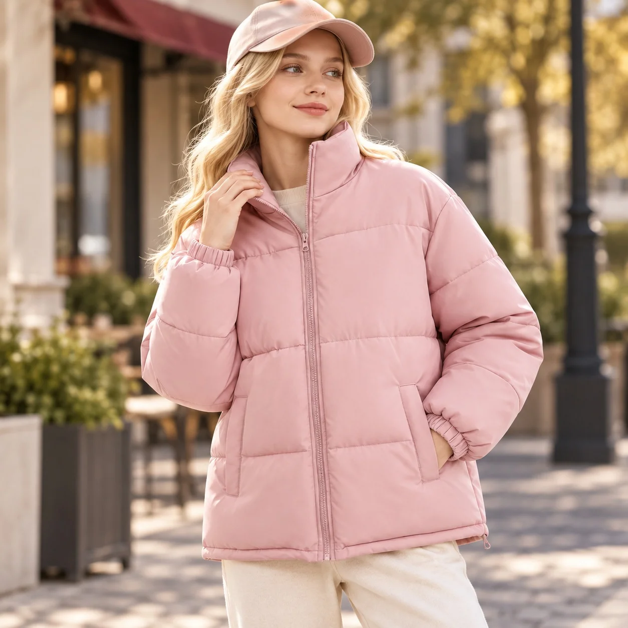 Stand Collar Pocket Coat Mid Long Length Casual with Thick Single Row Multi Button Closure Regular Sleeve Spring for Women