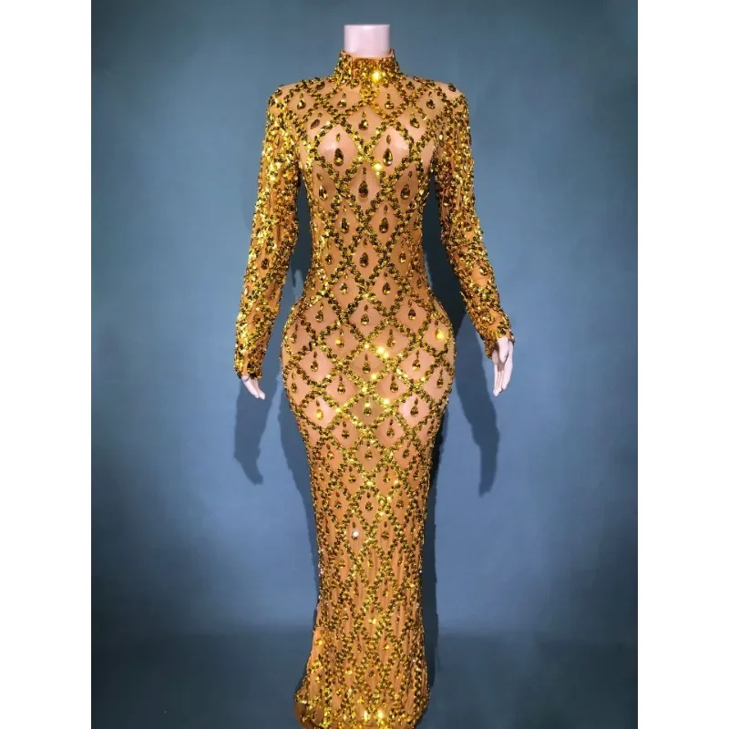 Vestido de strass brilhante personalizado para vestido de festa à noite feminino saia longa para performance de dança e vestido de competição