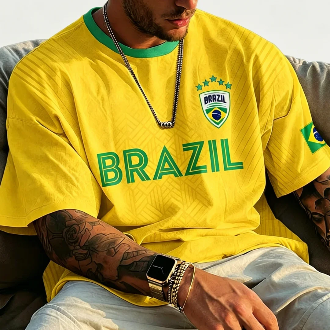 Men's Brazil Map Christ Statue Pattern T-shirt Flag Badge O-neck Short Sleeved Streetwear Football Fan Casual Summer Top