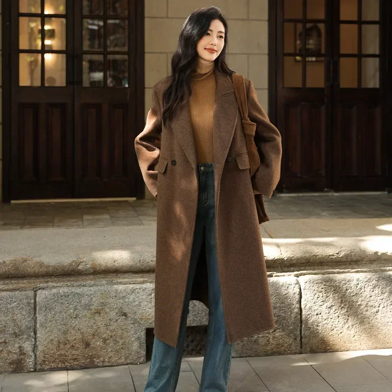 Camel fleece coat series | Boxed collar loose wool double-sided tweed coat for women