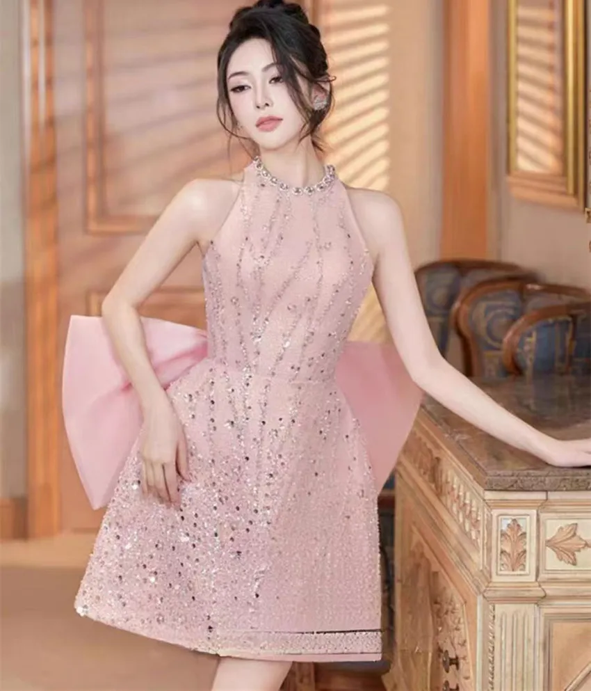 Runway Summer Pink Sequin Rhinestone Shiny Short Dress Sweet Fashion Women O Neck Sleeveless Tank Back Large Bowknot Party Dress