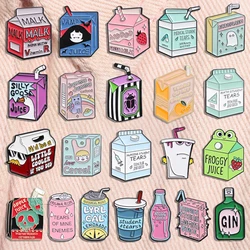 Cartoon Drink Box Enamel Pins Creative Milk Box Lemonade Happy Apple Juice Metal Brooches Lapel Badge Jewelry Gifts For Friends