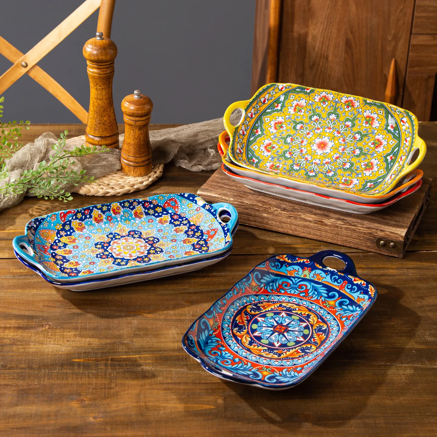 13in Bohemian double-eared fish plate household steamed fish plate large rectangular fish serving plate ceramic vegetable plate