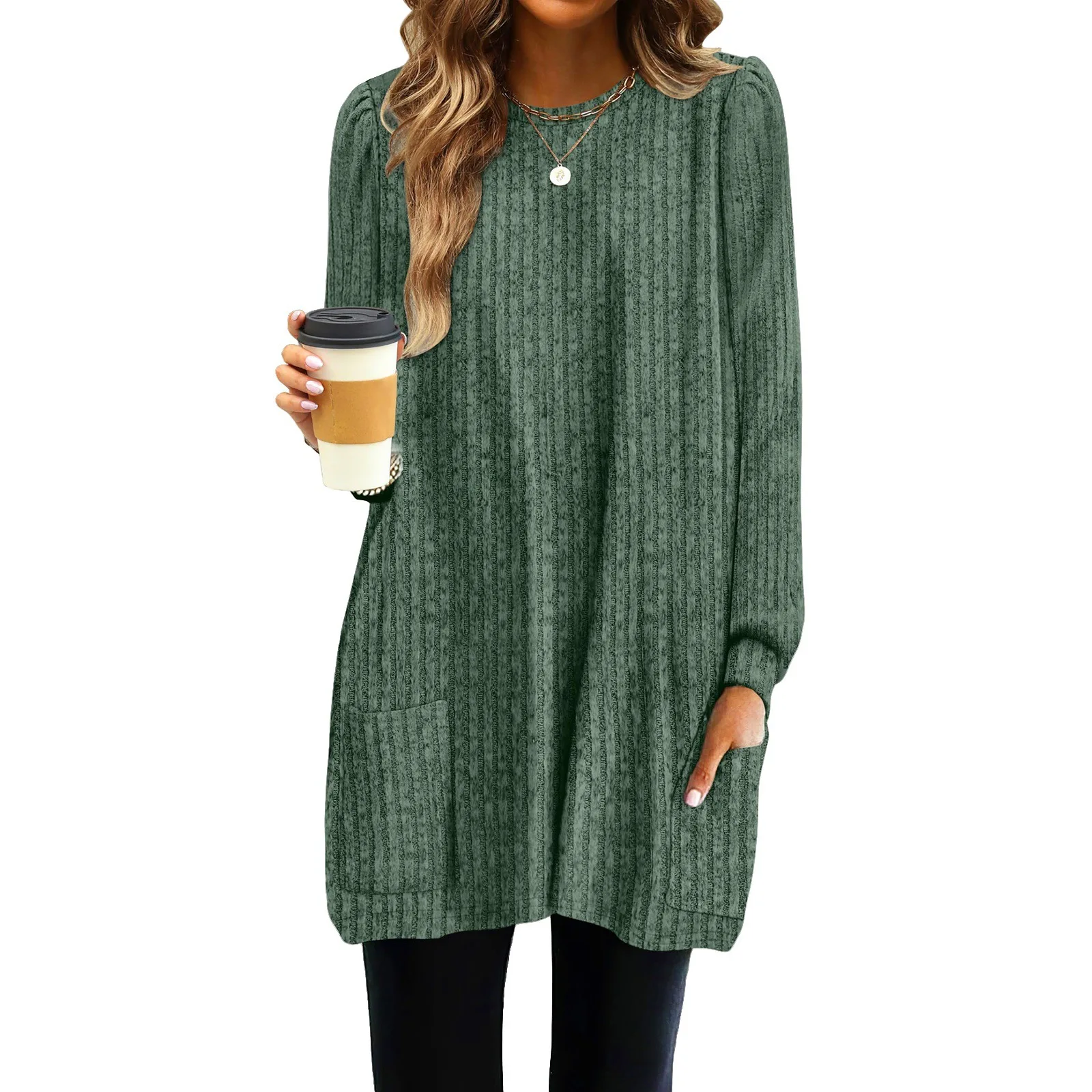 T Shirts For Women Long Sleeve Crew Neck Pullover Casual Solid Tunic Tops With Pockets Casual Loose Clothes Autumn Winter Shirts