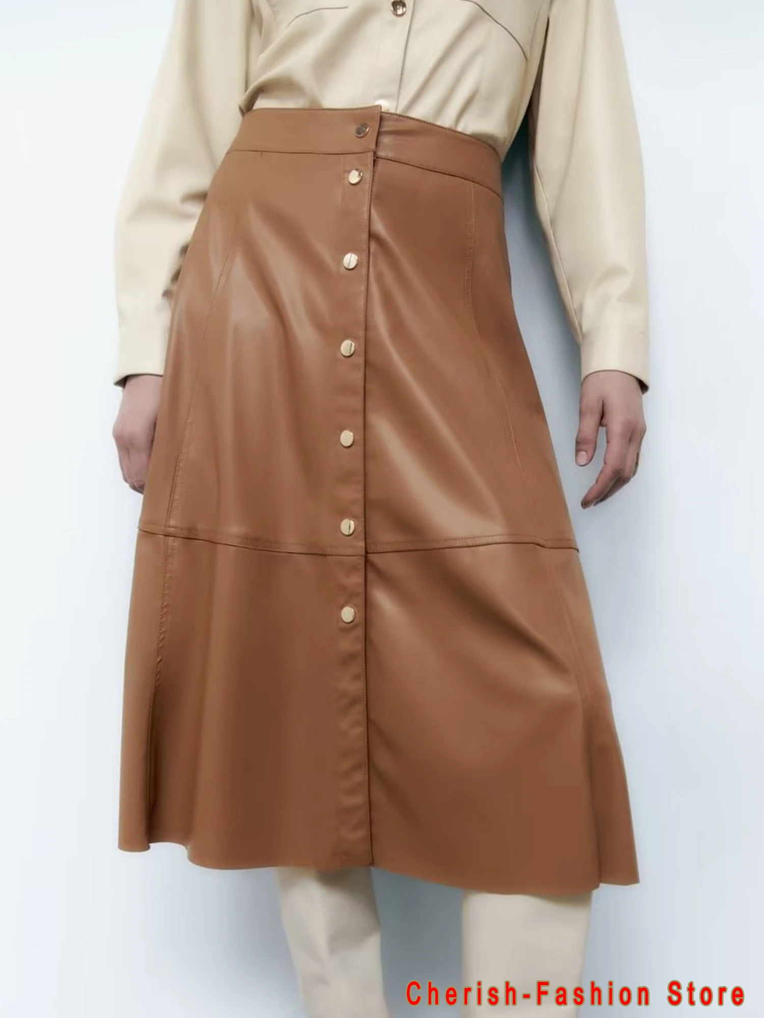 Brown Faux Leather Skirt Woman High Waist Midi Skirts Womens 2022 Fall Korean Streetwear Long Skirts Elegant Women's Skirts