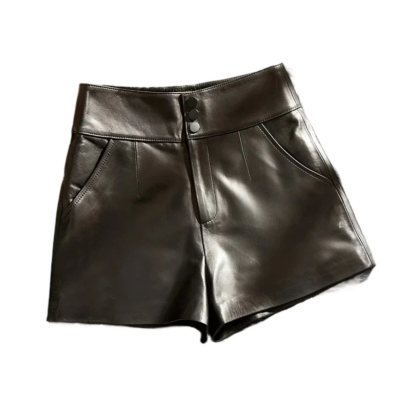 Genuine Leather Short Pants for Women High Waist Pants New Wide Legs Pants Women Sheepskin Tousers Korean Shorts ropa mujer