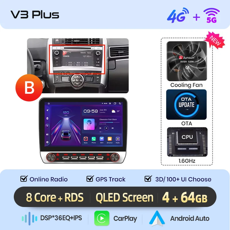 Junsun 13.1″ QLED Draadloze CarPlay Android Auto Autoradio Voor Toyota Verso R20 2009-2018 Intelligente Systemen DSP SWC RDS GPS FM