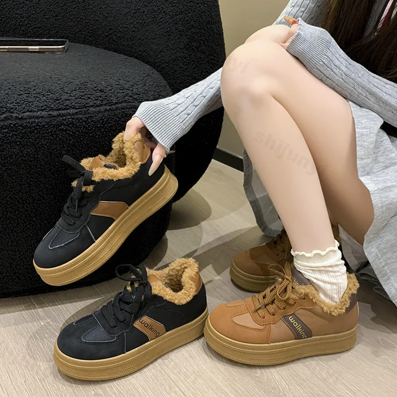 

Winter 2025 New Women's Casual Shoes Vintage Plush Thicken Soft Sole Sneakers Non Slip Comfortable Fashion Lace Up Cotton Shoes