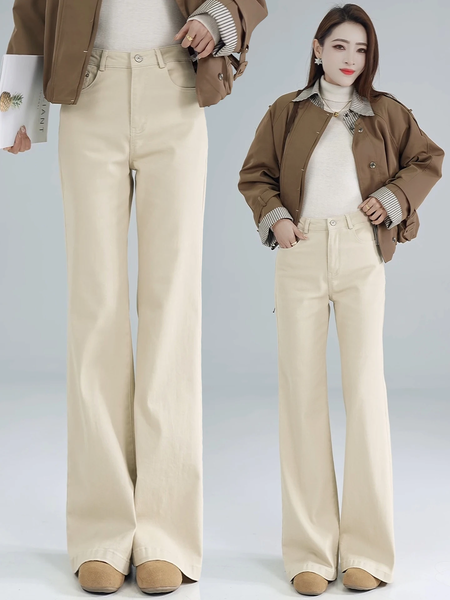 

Женские джинсы с высокой талией, на флисовой подкладке, расклешенные, осенне-зимние, новая модель, утягивающие, повседневные, светлые джинсы-клеш